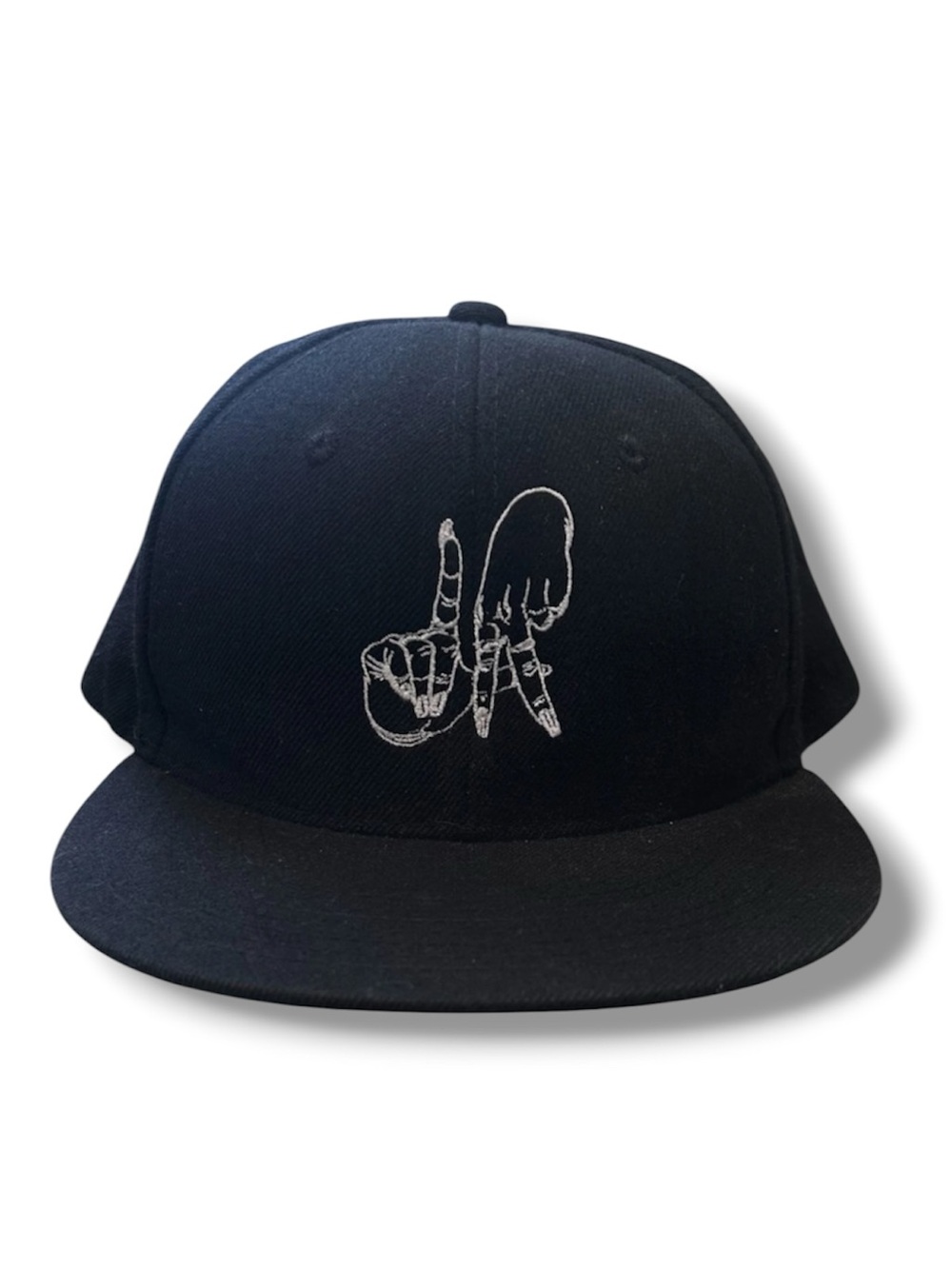 Decky Black Flatbill Snapback Hat w/ White Graphic LA Fingers Design